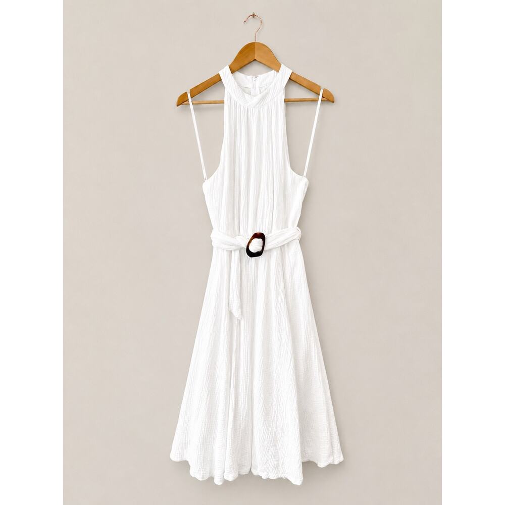 Calvin Klein White Cotton Gauze Halter Midi Dress Belted Women’s 12 Cottagecore - Picture 3 of 8